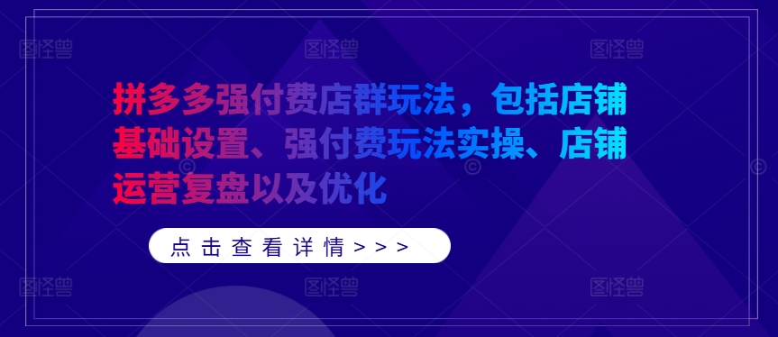 拼多多强付费店群玩法，包括店铺基础设置、强付费玩法实操、店铺运营复盘以及优化-pcp资源社