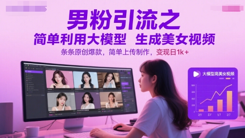 男粉引流之简单利用大模型生成美女视频，条条原创爆款，简单上传制作，变现日1k+-pcp资源社