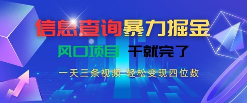 信息查询暴力掘金，一天三条视频，轻松变现四位数，风口项目干就完了【揭秘】-pcp资源社
