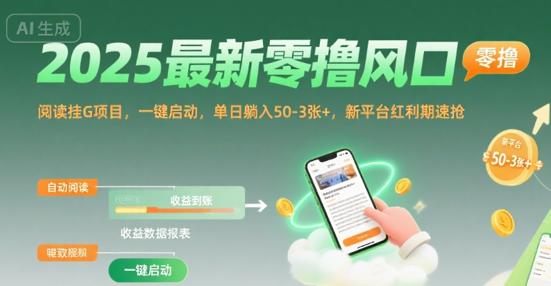 2025最新零撸风口，阅读挂G项目，一键启动，单日躺入 50-3张+，新平台红利期速抢【揭秘】-pcp资源社