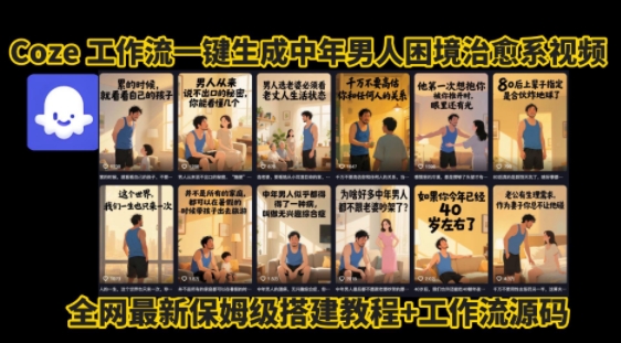 coze工作流一键生成”中年男人困境扎心高涨粉高播放量图文视频”保姆级拆解教程，无需剪辑，无需拍摄写文案-pcp资源社