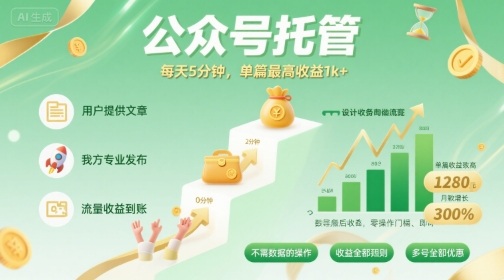 【公众号托管 】我提供文章，你发布，每天5分钟，单篇最高收益1k+【揭秘】-pcp资源社