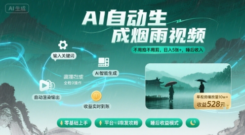 不用拍不用剪！AI自动生成烟雨视频，日入5张+，睡后收入-pcp资源社