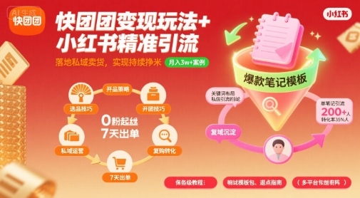 快团团变现玩法+小红书精准引流技巧，助你真正落地私域卖货，实现持续挣米-pcp资源社