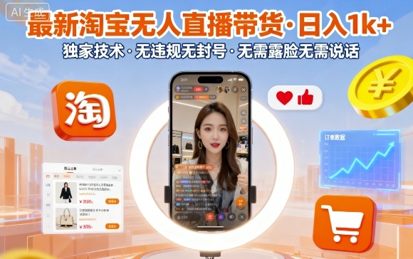 最新淘宝无人直播带货，日入1k+，独家技术，无违规无封号，无需露脸无需说话【揭秘】-pcp资源社