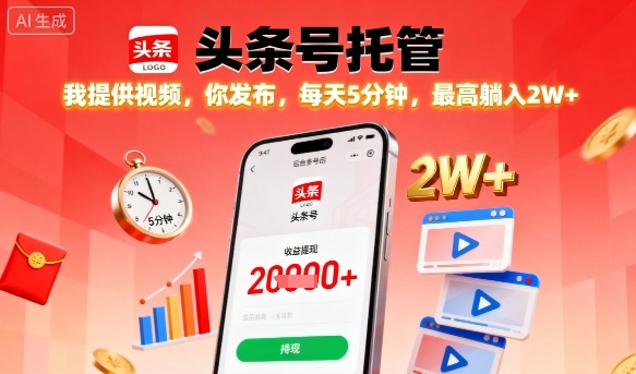 【头条号托管】我提供视频，你发布，每天5分钟，最高躺入2W+【揭秘】-pcp资源社