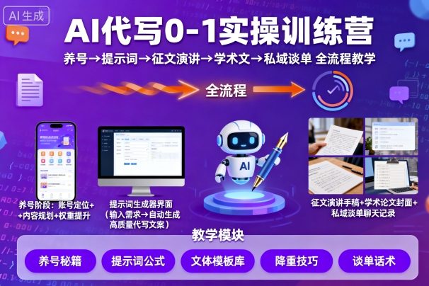 AI代写0-1实操训练营，从养号、提示词、征文演讲、学术文，到私域谈单的全流程教学-pcp资源社