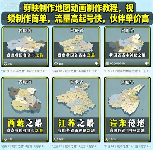 剪映制作地图动画制作教程，视频制作简单，流量高起号快，伙伴单价高-pcp资源社